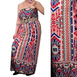 Trixxi Colorful Aztec Printed Strapless Maxi Tube Dress Size Large